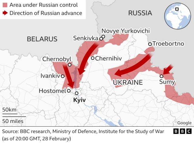 Map showing Russian forces advancing in Ukraine