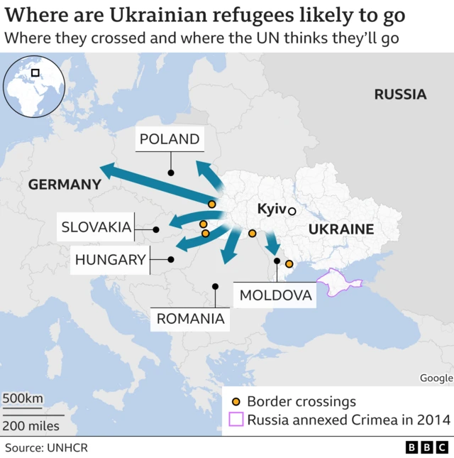 Map showing countries in Europe to which Ukrainian refugees are heading