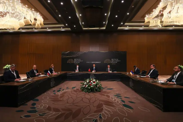 Turkish Foreign Minister Mevlut Cavusoglu, Russian Foreign Minister Sergey Lavrov and Ukraine's Foreign Minister Dmytro Kuleba attend talks in Turkey