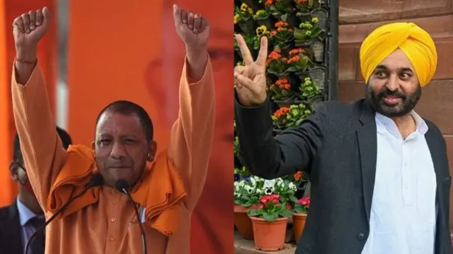 Yogi Adityanath (left) and Bhagwant Mann