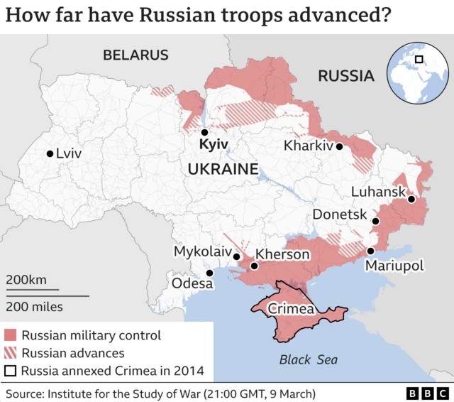 Map showing how far Russian troops in Ukraine have advanced