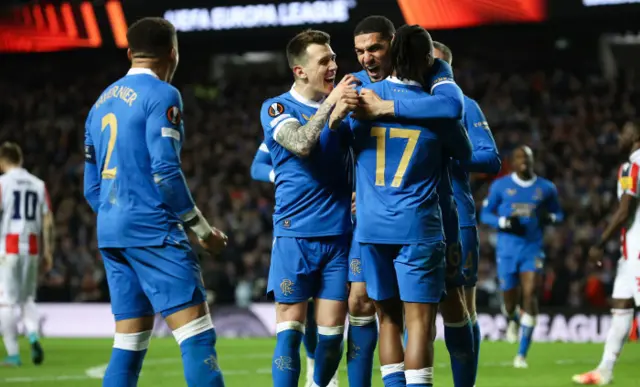 Rangers celebrate the third goal of the evening from Leon Balogun