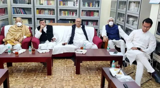 Manipur former Chief Minister Okram Ibobi Singh, Mukul Wasnik, TS Singh Deo and Lok Sabha MP Gourav Gogoi sitting in the state Congress office in Imphal, Manipur during counting.