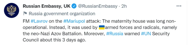 Screenshot of Russian Embassy tweet: "The maternity house was long non-operational". The embassy did not provide any evidence for its claims.