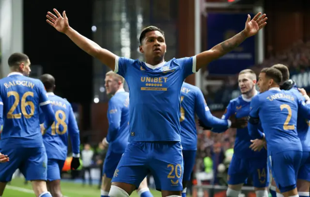 Alfredo Morelos celebrates making it 2-0 to Rangers