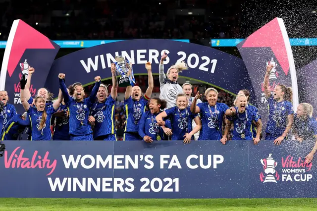 Chelsea celebrate with the Women's FA Cup trophy at Wembley