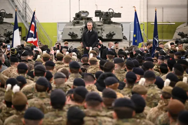 Nato Secretary-General Jens Stoltenberg meeting Nato troops in Tallinn, Estonia