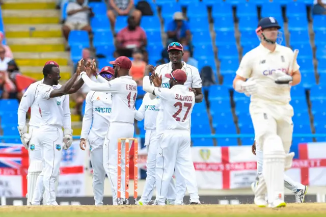 West Indies celebrate Lees wicketq