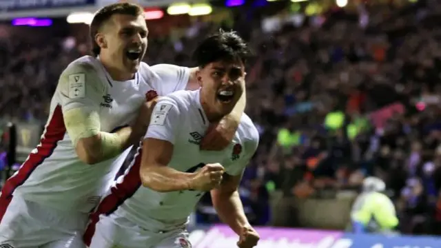 Henry Slade and Marcus Smith celebrate a try