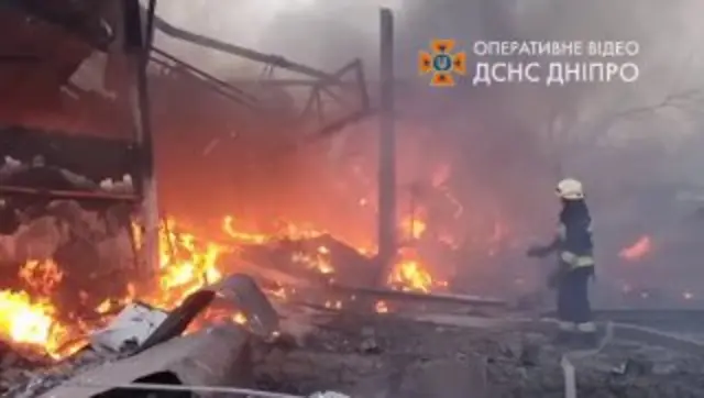 Firefighters raced to extinguish raging fires from the strikes by Russian forces