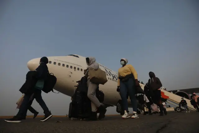 Nigerians evacuated from Ukraine arrive at the Nnamdi Azikwe Airport in Abuja.