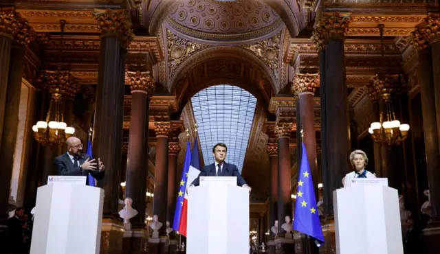 European Council President Charles Michel, French President Emmanuel Macron and European Commission President Ursula von der Leyen hold a press conference following an EU leaders summit