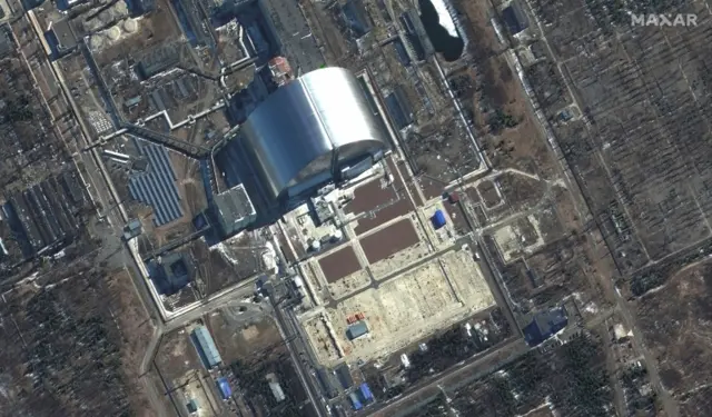 The steel encased Chernobyl nuclear facility, seen by satellite on Thursday