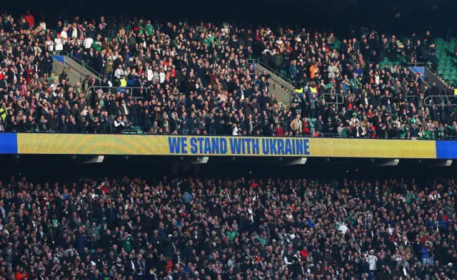 The LED screen inside the stadium shows a Ukrainian flag to indicate peace and sympathy with Ukraine prior to the Guinness Six Nations Rugby match between England and Ireland