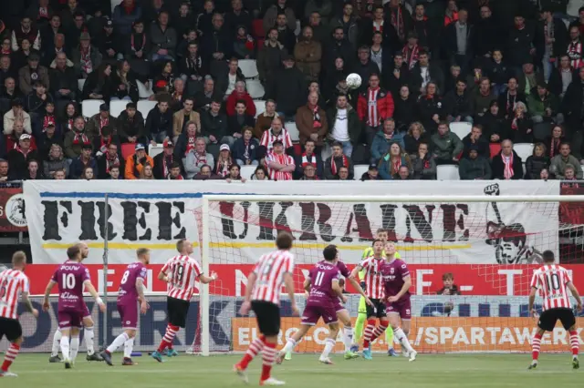 Sparta supporters with a Free Ukraine banner during the Dutch Eredivisie match between Sparta Rotterdam and Go Ahead Eagles at Sparta Stadium Het Kasteel