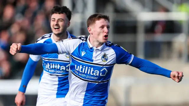 Bristol Rovers' Elliott Anderson celebrates his goal against Harrogate