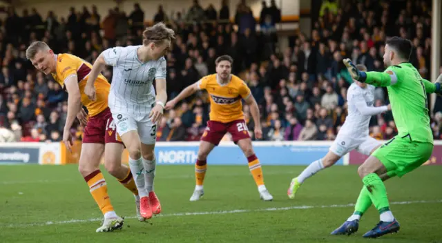 Elias Melkersen heads Hibs in front at Fir Park