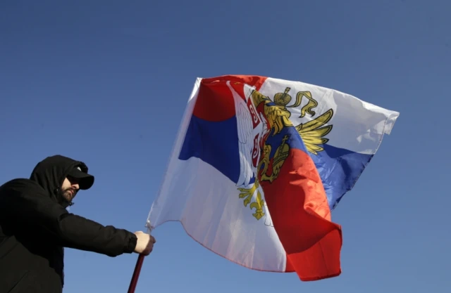 A pro-Russia protester in Belgrade