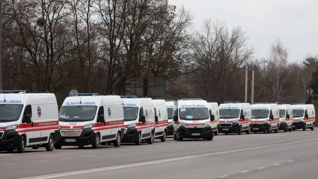 Ambulances are seen traveling to and from the Yavoriv military facility