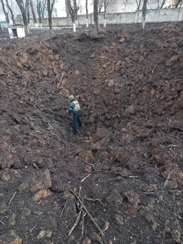 A bomb crater in Mariupol