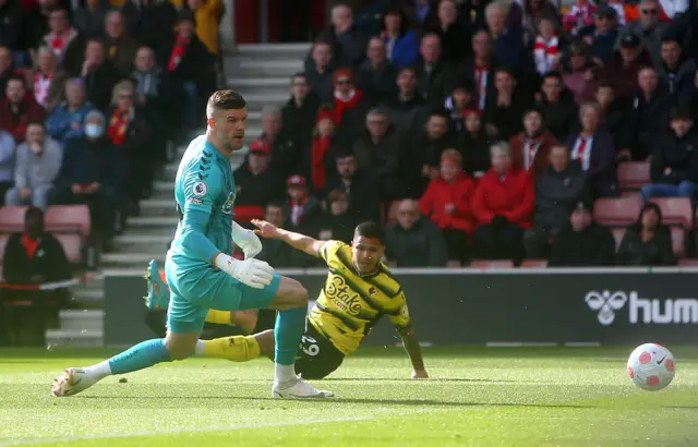 Cucho Hernandez scores for Watford as Southampton goalkeeper Fraser Forster watches on