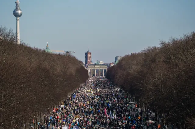 Protesters demonstrate in support of Ukraine in front of Berlin's Brandenburg Gate,