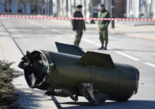 A fragment of a missile in the street after shelling in the separatist-controlled city of Donetsk