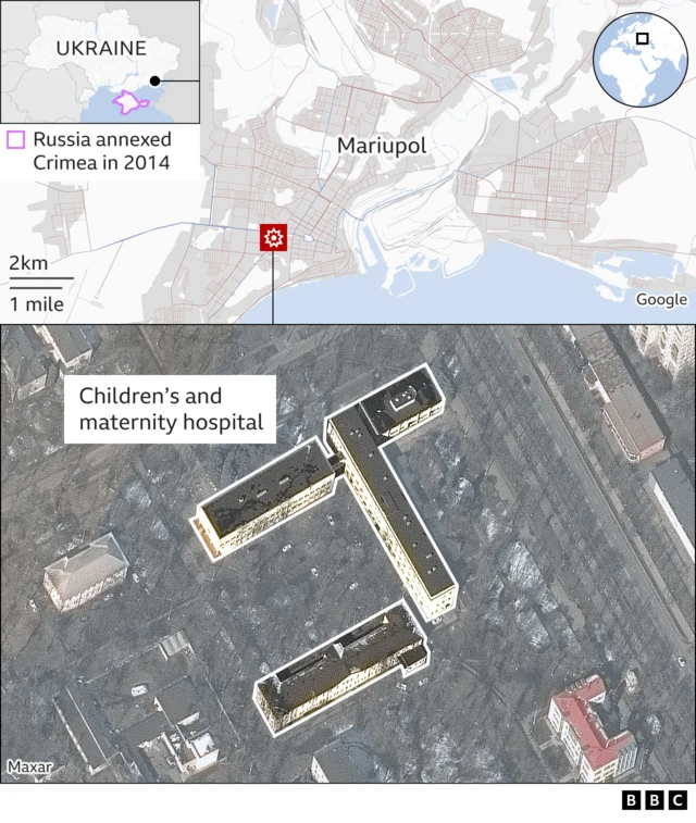 Satellite images showing the hospital in Mariupol that was targeted by Russian forces last week