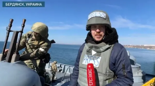 Russian TV reporter aboard a Ukrainian navy boat, 14 Mar 22