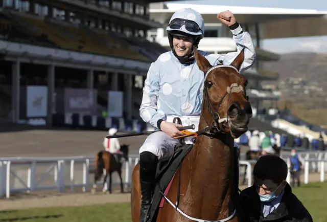 Rachael Blackmore celebrates winning the 2021 Champion Hurdle on Honeysuckle