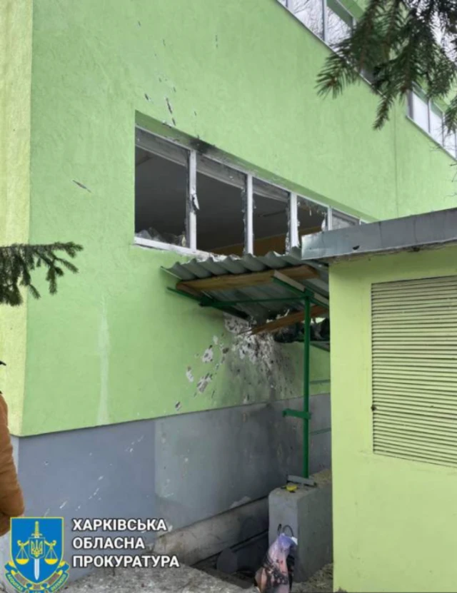 Photo said to be of the aftermath of a strike on a school in Chuhuiv, near the north-eastern city of Kharkiv