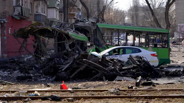 Destroyed remains of a trolleybus in the Kurenivka area of Kyiv