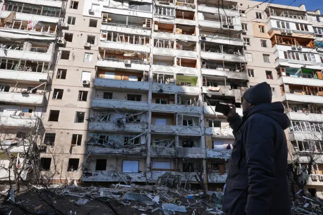 The damaged apartment block in Kyiv