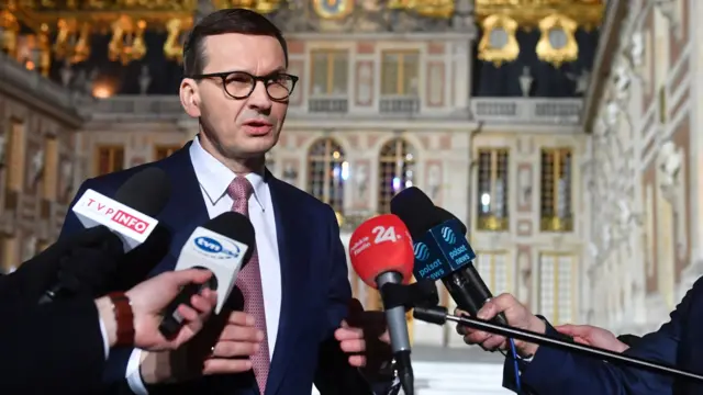 Polish Prime Minister Mateusz Morawiecki during a press conference in front of the Palace of Versailles near Paris, France