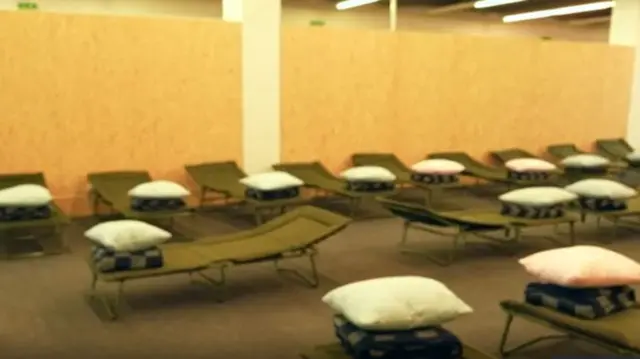 Camp beds at Krakow refugee centre