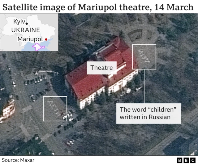 Graphic showing satellite image of Mariupol theatre on 14 March with the word "children" in Russian written nearby