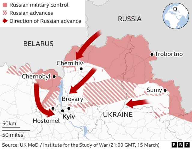 A map showing that Russian troops pushing forward towards the outskirts of Kyiv