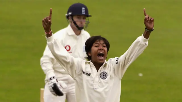 Jhulan Goswami, celebrating a wicket against England in 2002