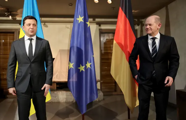 German Chancellor Olaf Scholz (R) and Ukrainian President Volodymyr Zelensky attend a photo opportunity ahead of bilateral talks at the 2022 Munich Security Conference on February 19, 2022 in Munich, Germany.