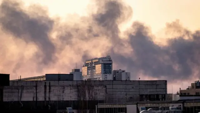 Smoke rises after an explosion in Kyiv on Thursday