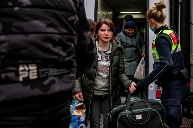 Ukrainian refugees arrive by train at Berlin central station, 15 March 2022