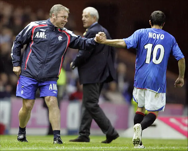 Ally McCoist congratulates Nacho Novo after his Ibrox goal against Red Star in 2007