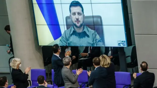 Ukrainian President Volodymyr Zelensky addresses the German parliament