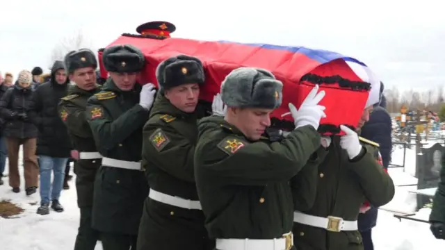 Russian soldiers carry the coffin of Mikhail Orchikov