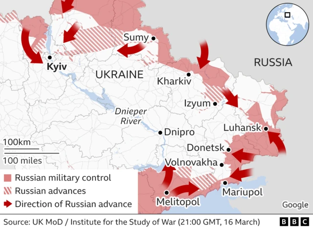 Map showing Russian troop advancement in eastern Ukraine