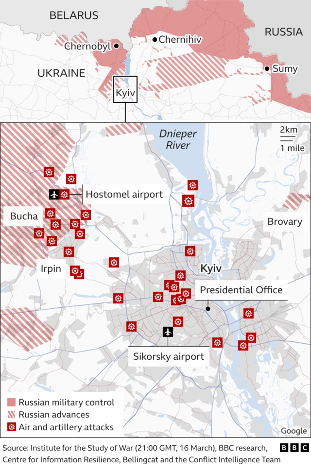 Map showing how far Russian troops have advanced on Kyiv