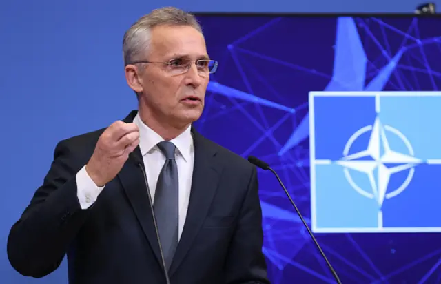 Jens Stoltenberg speaking to reporters