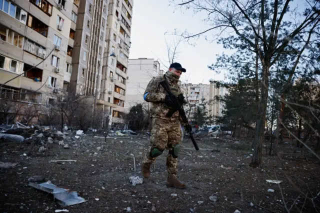 A Ukrainian military member in Kyiv