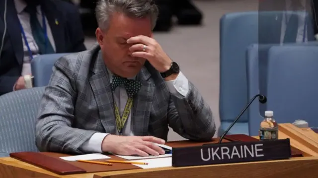 Ukraine's UN Ambassador Sergiy Kyslytsya gestures during Thursday's UN Security Council briefing