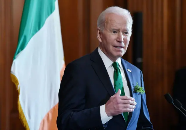 US President Joe Biden speaks during the annual St. Patrick's Day luncheon on Capitol Hill March 17, 2022 in Washington, DC.